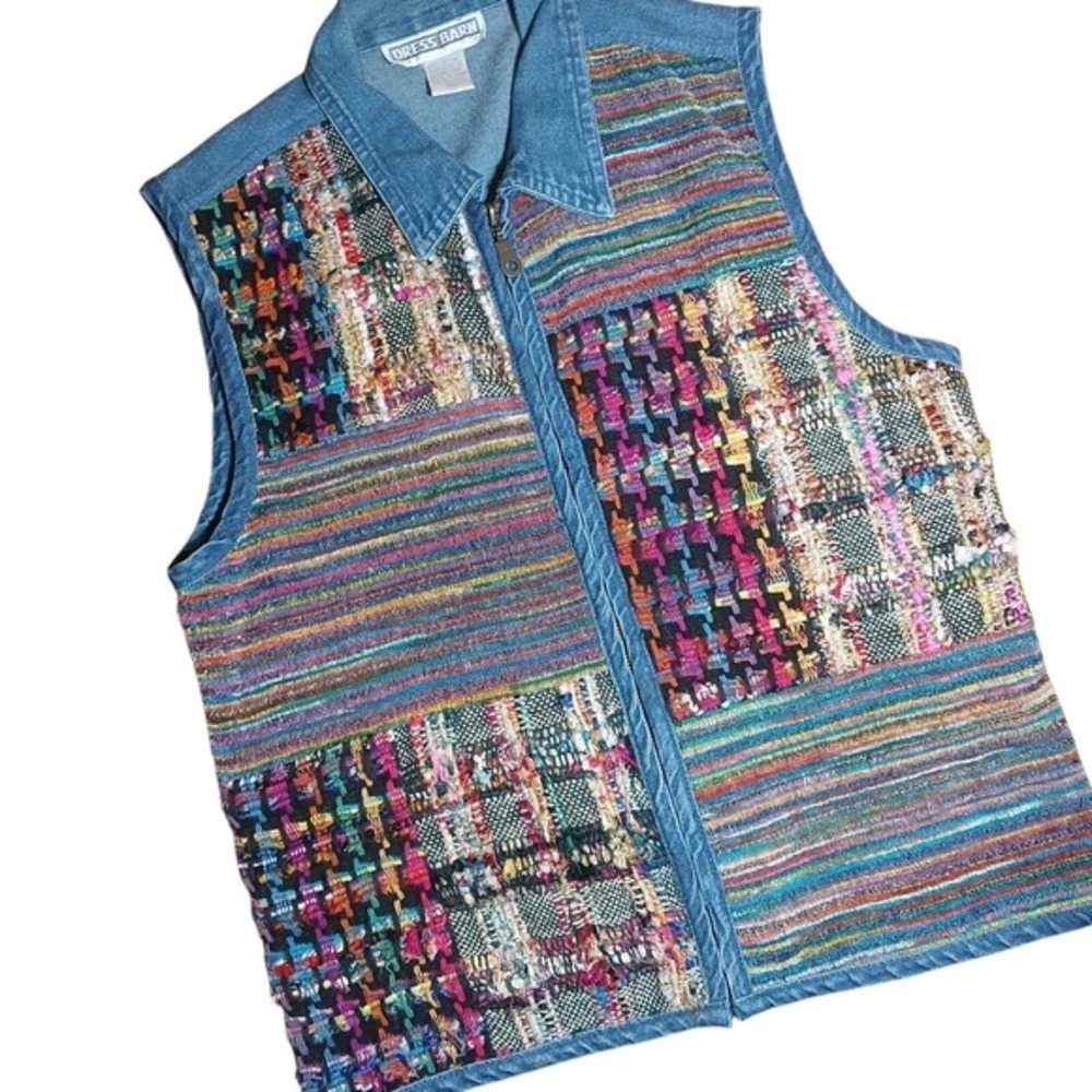 Dress Barn Womens M Patchwork Denim Vest Multicolor Cotton Boho Eclectic Vintage